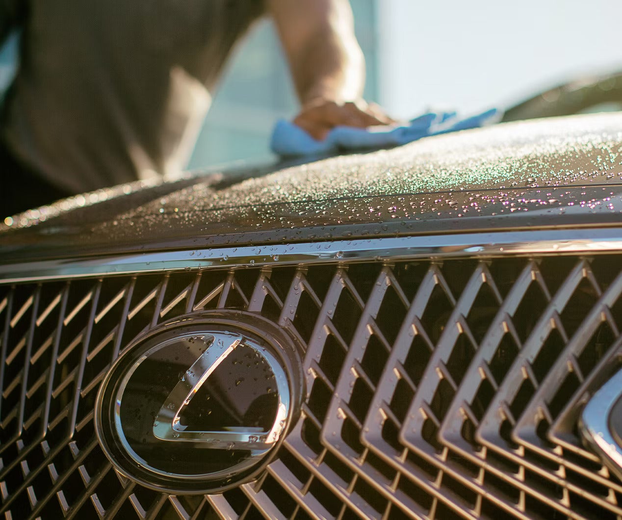 Man shown cleaning the hood of a Lexus vehicle.